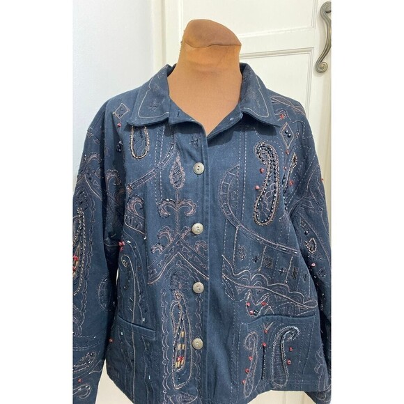 CHICOS Size 3 Camelot Black Roadster Jacket XL/16 Reg Size Beaded Embroidery - Picture 2 of 12